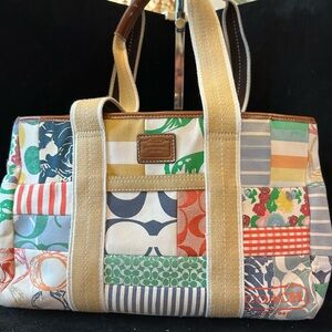 Coach Patchwork Canvas Tote in Multicolor with Tan Straps # 10444 Fun Vintage